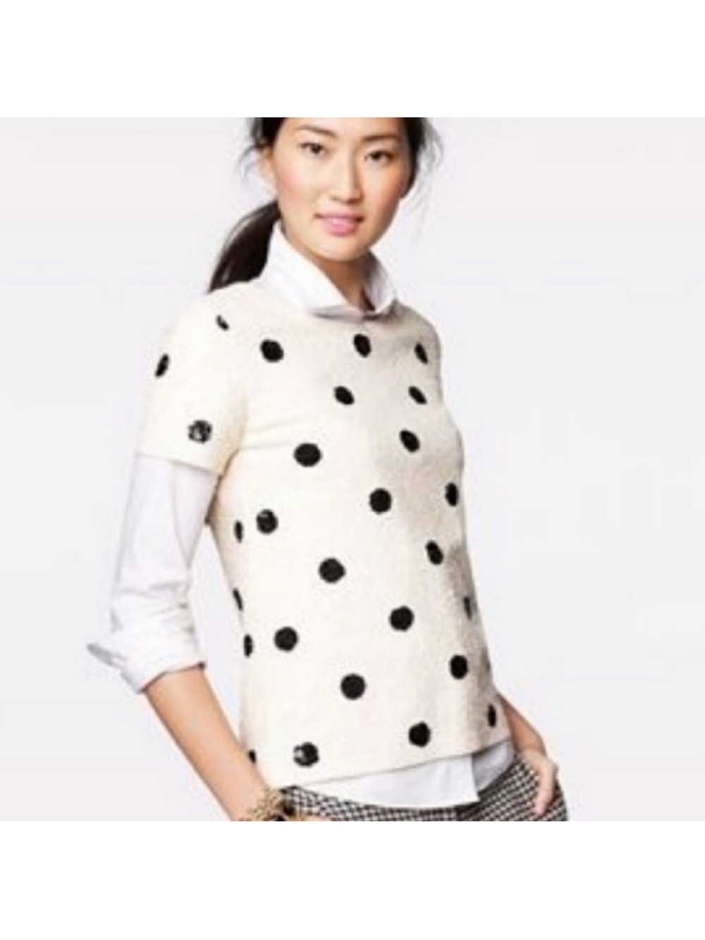 J. Crew Cream Short-Sleeve Crewneck Sweater with Black Polka Dots